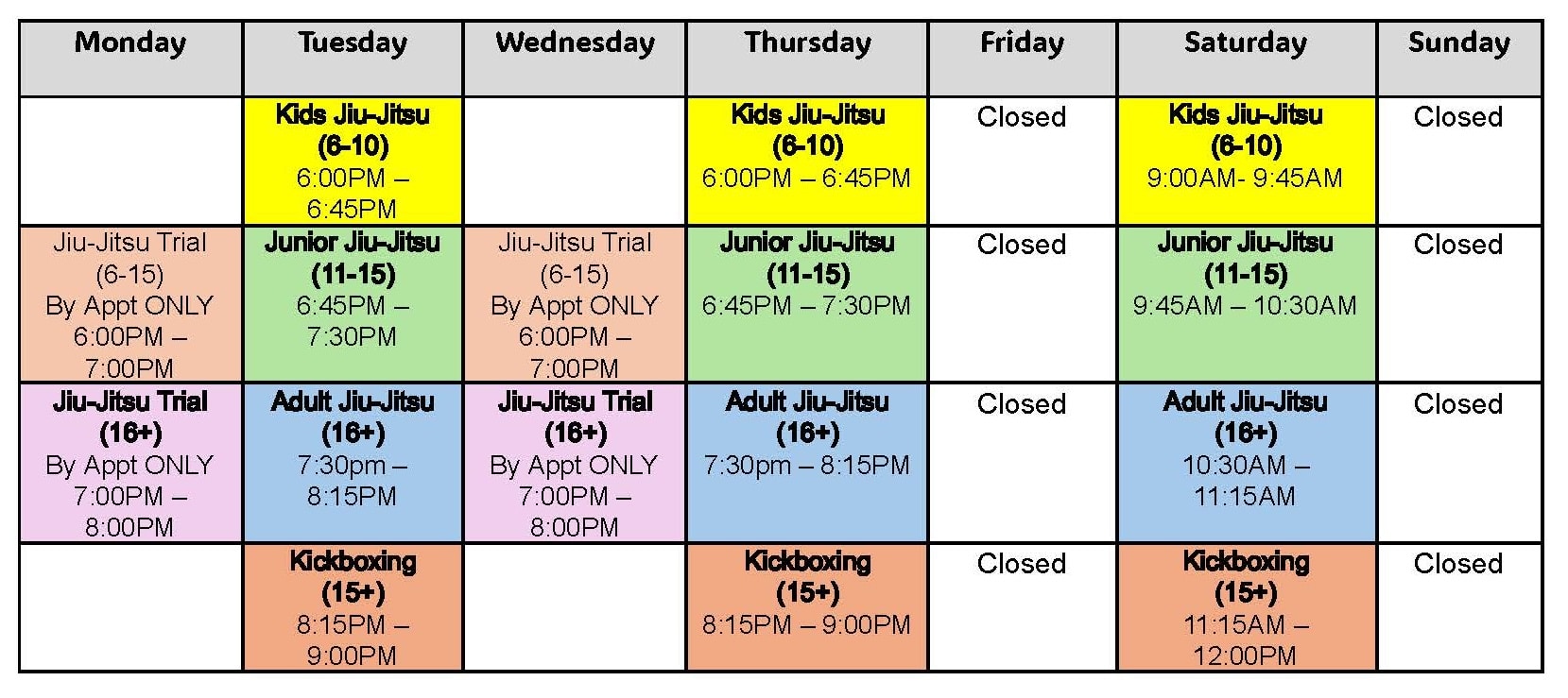 Samurai Arts Academy Schedule